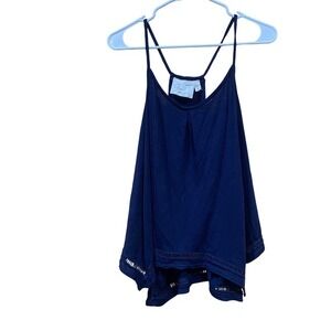 New Green Dragon Navy Pleat Front Easy Tank Top Sleeveless Casual Crochet Trim L